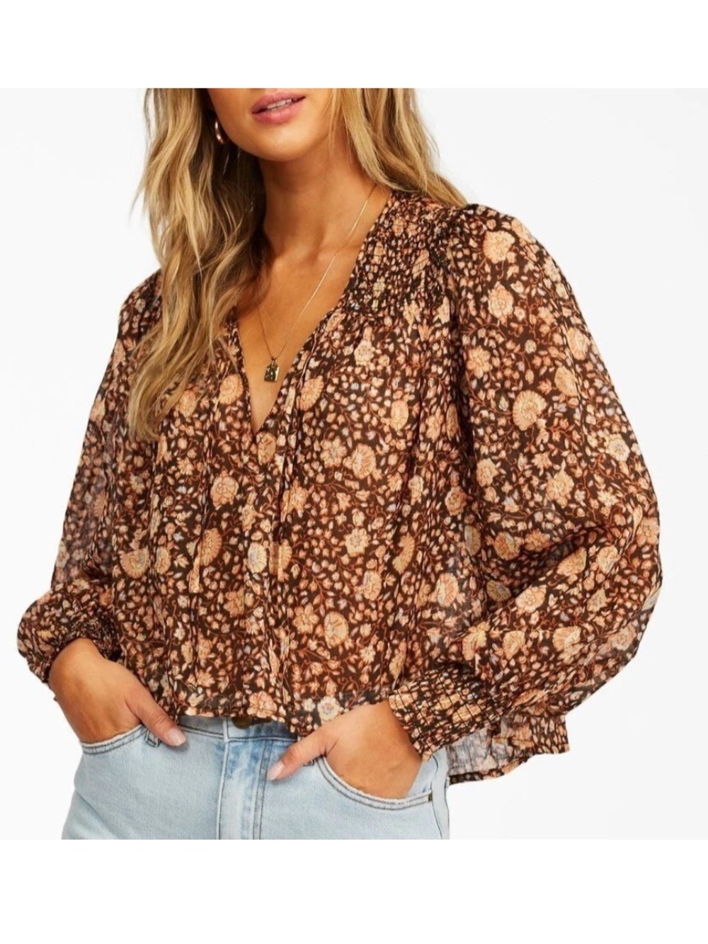 BILLABONG Late Night Peasant Blouse large Black Orange Floral V-neck 100% Cotton